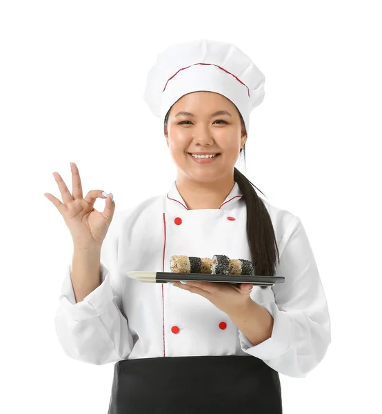 Hermoso Chef Asiático Con Rollos Sushi Mostrando Gesto Sobre Fondo —  Fotos de Stock