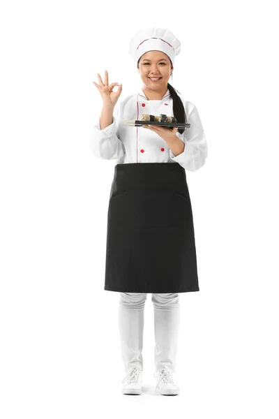 Beautiful Asian Chef Sushi Rolls Showing Gesture White Background — Stock Photo, Image