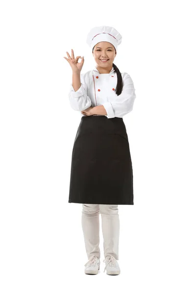 Beautiful Asian Chef Showing Gesture White Background — Stock Photo, Image