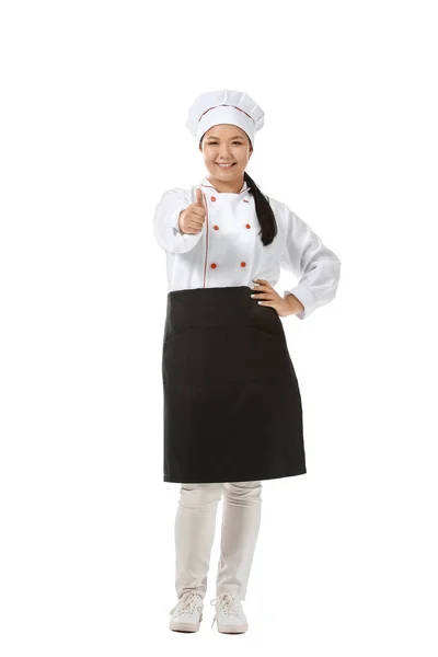 Schöne Asiatische Köchin Zeigt Daumen Hoch Geste Auf Weißem Hintergrund — Stockfoto
