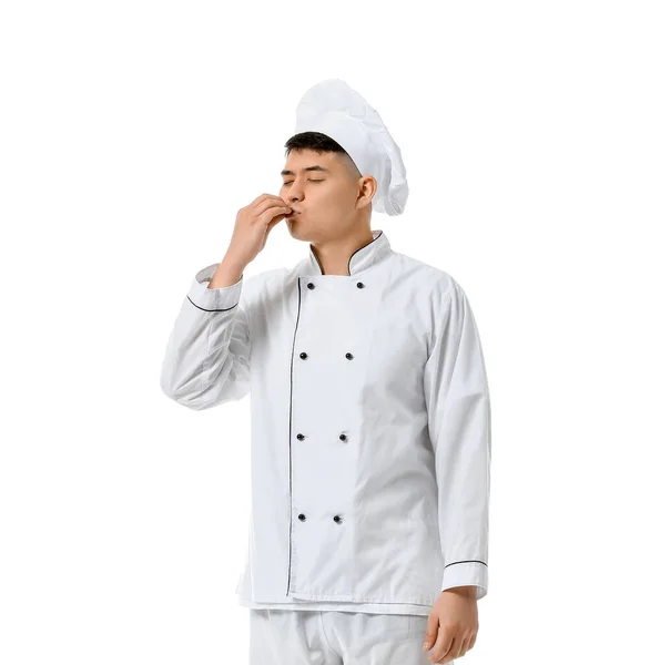 Bonito Chef Asiático Fundo Branco — Fotografia de Stock