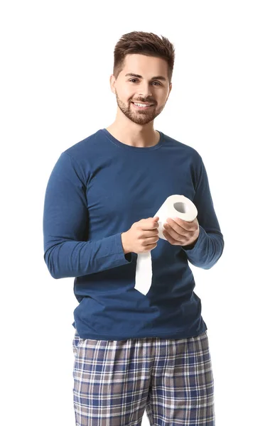 Młody Człowiek Papierem Toaletowym Białym Tle — Zdjęcie stockowe