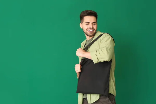 Young Man Eco Bag Color Background — Stock Photo, Image