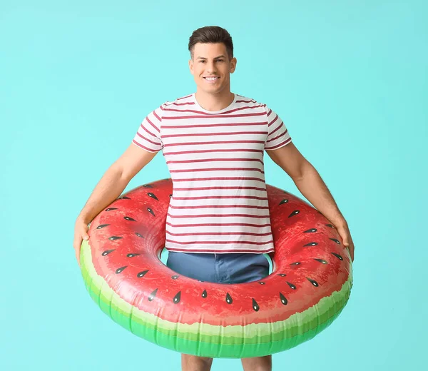 Young Man Inflatable Ring Color Background — Stock Photo, Image