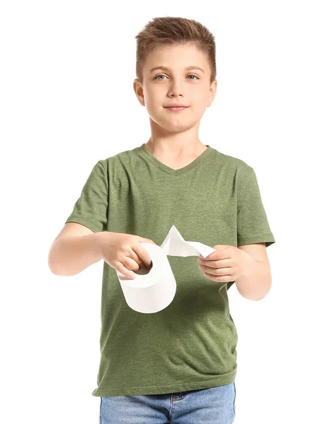 Grappig Jongetje Met Papier Witte Achtergrond — Stockfoto