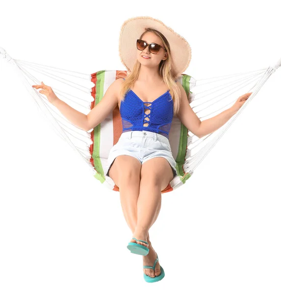 Beautiful Young Woman Relaxing Hammock White Background — Stock Photo, Image
