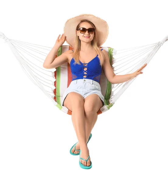Beautiful Young Woman Relaxing Hammock White Background — Stock Photo, Image