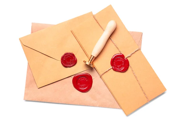 Envelopes Com Selo Cera Notário Público Sobre Fundo Branco — Fotografia de Stock