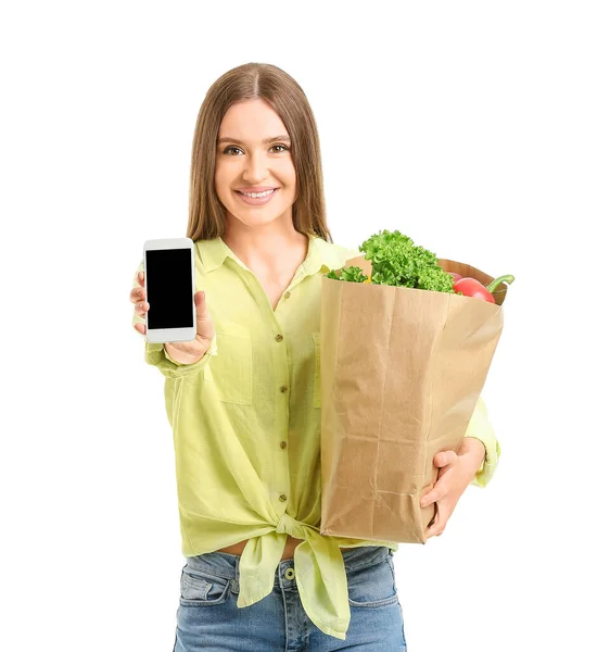 Young Woman Food Bag Mobile Phone White Background — Stock Photo, Image