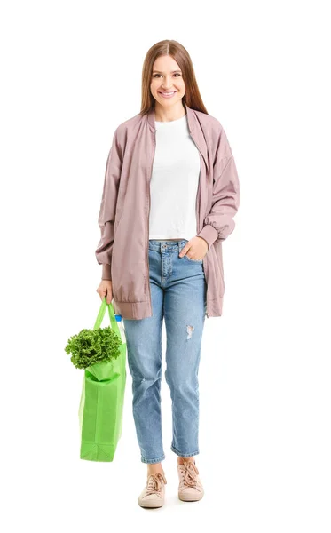 Jonge Vrouw Holding Tas Met Voedsel Witte Achtergrond — Stockfoto