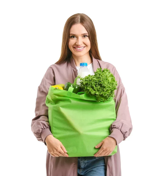 Young Woman Holding Bag Food White Background — Stock Photo, Image