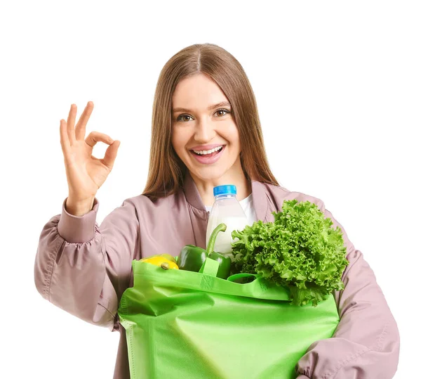 Junge Frau Mit Essen Tüte Zeigt Geste Auf Weißem Hintergrund — Stockfoto