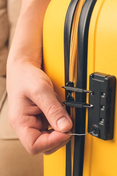 Male Thief Trying Open Stolen Suitcase Closeup — Stock Photo, Image