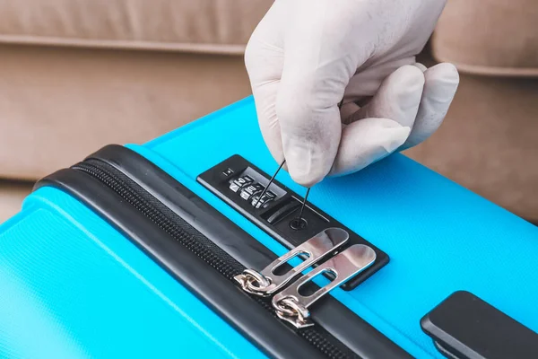 Male Thief Trying Open Stolen Suitcase Closeup — Stock Photo, Image