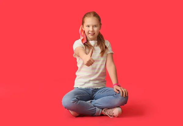 Cute Redhead Girl Showing Thumb Gesture Color Background — Stock Photo, Image