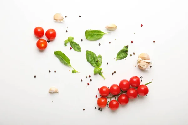 Composition Basil Tomatoes Spices White Background — Stock Photo, Image