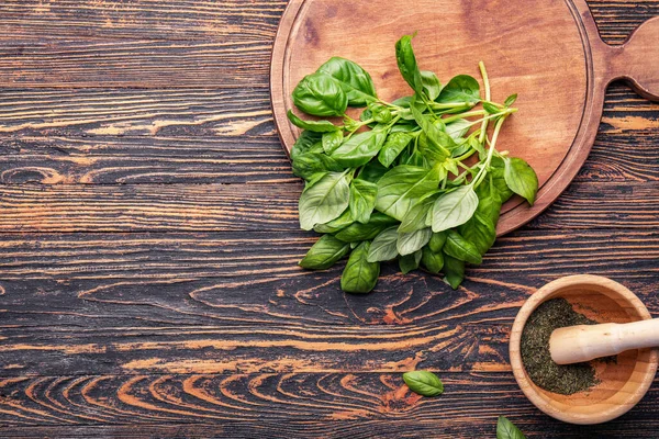 Composition Fresh Basil Wooden Table — Stock Photo, Image