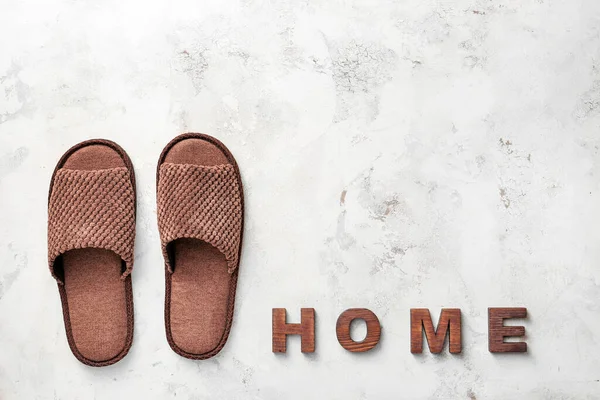 Pair Soft Slippers Word Home Light Background — Stock Photo, Image