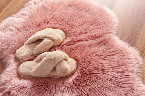 Pair Soft Slippers Fluffy Rug — Stock Photo, Image