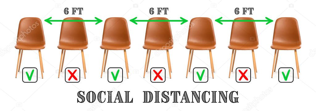 Empty chairs on white background. Concept of social distance during coronavirus epidemic