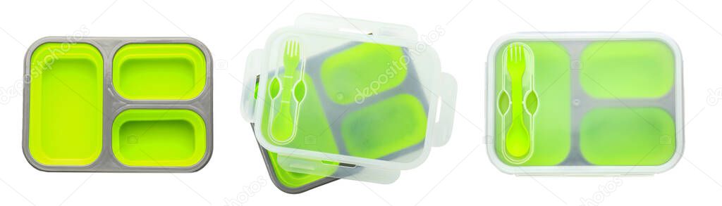 Plastic lunch boxes on white background