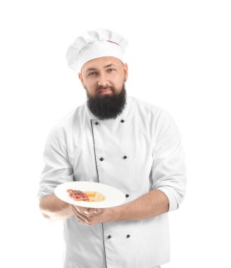 Beyaz arka planda yakışıklı erkek şef