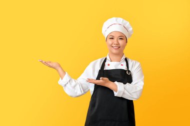 Renkli arkaplanda güzel bir Asyalı şef