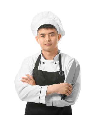 Beyaz arka planda yakışıklı Asyalı şef