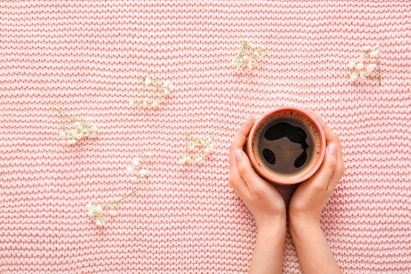 Female Hands Cup Coffee Color Fabric Background — Stock Photo, Image