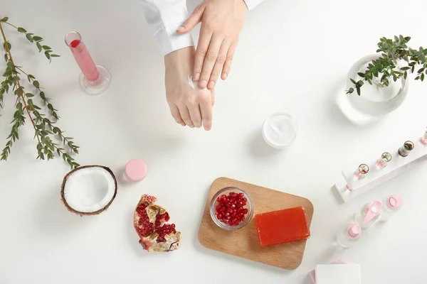 Beautician Applying Natural Cream Her Hands Top View — Stock Photo, Image