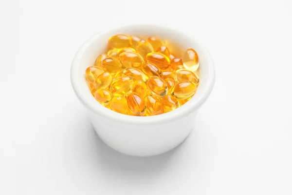 Bowl Fish Oil Capsules White Background — Stock Photo, Image
