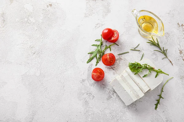 Tasty Feta Cheese Herbs Oil Tomato White Background — Stock Photo, Image