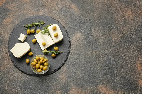 Tasty Feta Cheese Olives Herbs Dark Background — Stock Photo, Image