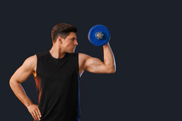 Sporty Young Man Dumbbell Dark Background — Stock Photo, Image
