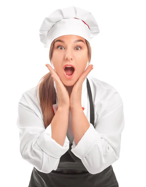 Shocked Female Chef White Background — Stock Photo, Image