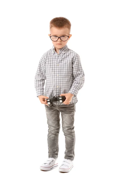 Lindo Niño Con Almohadilla Juego Sobre Fondo Blanco —  Fotos de Stock