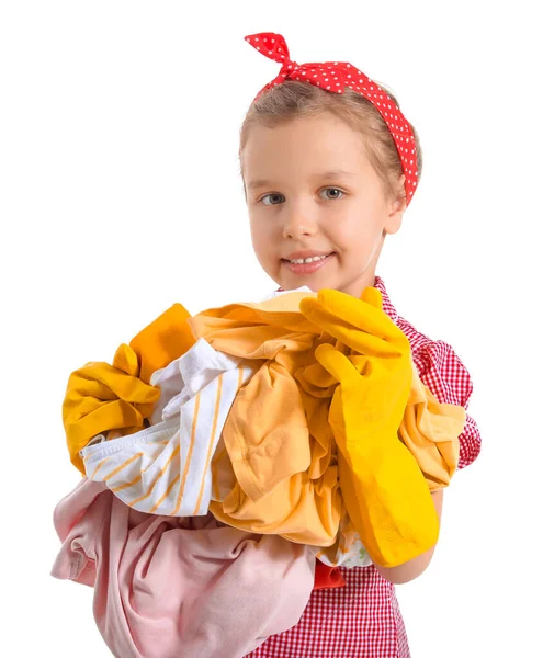 Kleines Mädchen Mit Schmutziger Wäsche Auf Weißem Hintergrund — Stockfoto