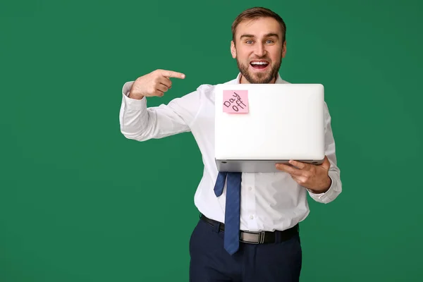 Happy Businessman Laptop Color Background Day Concept — Stock Photo, Image