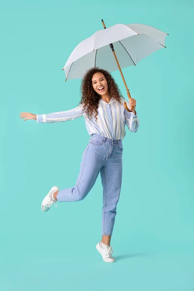 Krásná Mladá Žena Deštníkem Barevném Pozadí — Stock fotografie