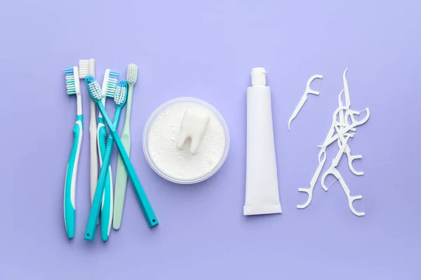 Conjunto Para Higiene Oral Fundo Cor — Fotografia de Stock