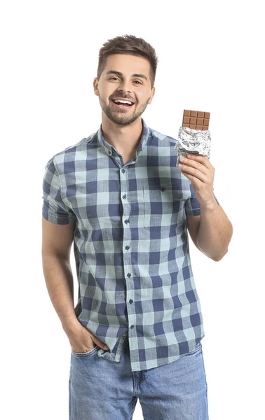 Handsome Young Man Tasty Chocolate White Background — Stock Photo, Image