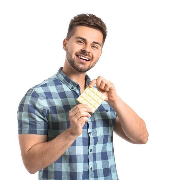 Joven Guapo Con Sabroso Chocolate Sobre Fondo Blanco —  Fotos de Stock