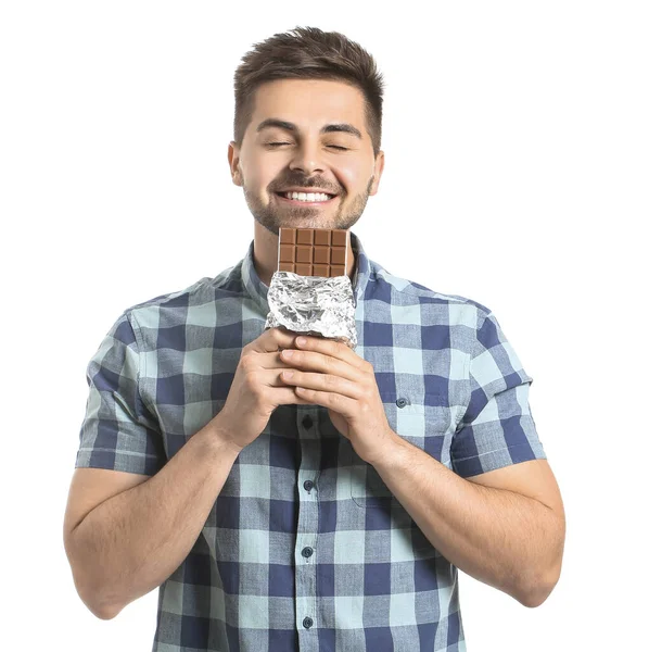 Handsome Young Man Tasty Chocolate White Background — Stock Photo, Image