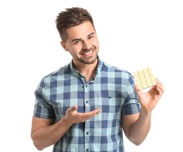 Jovem Bonito Com Chocolate Saboroso Fundo Branco — Fotografia de Stock