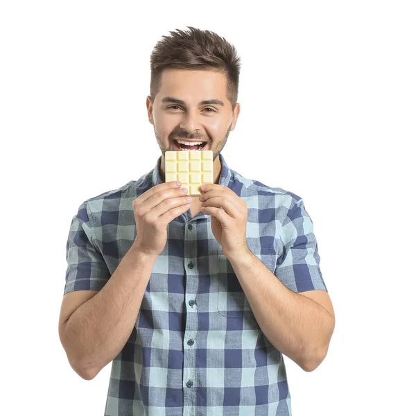 Joven Guapo Con Sabroso Chocolate Sobre Fondo Blanco — Foto de Stock