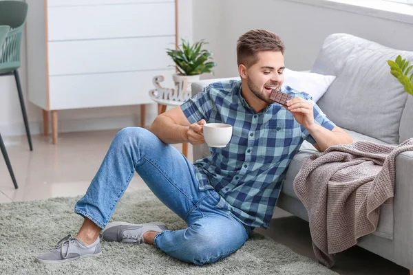 Handsome Young Man Tasty Chocolate Cup Tea Home — Stock Photo, Image