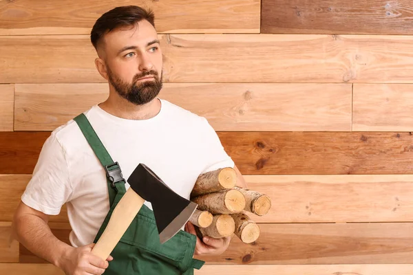 Handsome Lumberjack Wooden Background — Stock Photo, Image