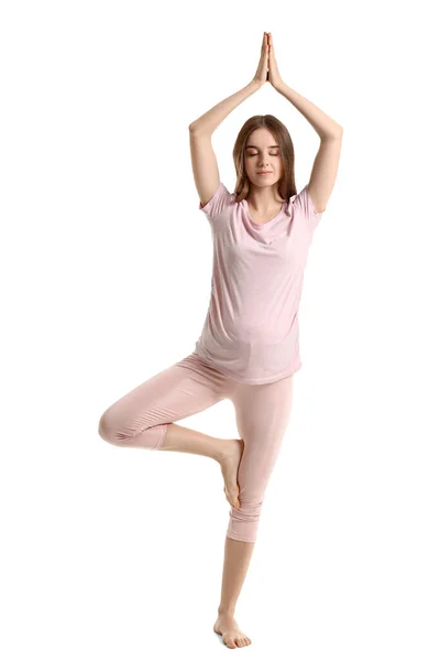 Mujer Embarazada Joven Practicando Yoga Sobre Fondo Blanco — Foto de Stock