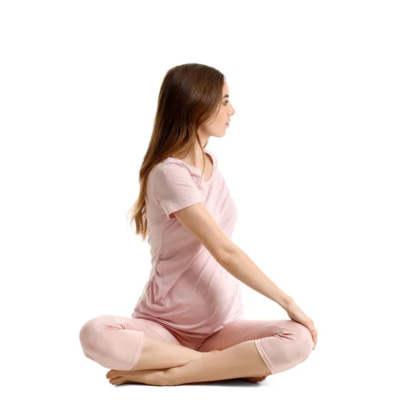 Ung Gravid Kvinna Utövar Yoga Vit Bakgrund — Stockfoto