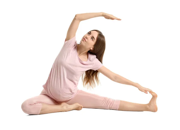 Junge Schwangere Frau Praktiziert Yoga Auf Weißem Hintergrund — Stockfoto